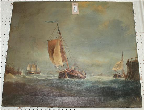 19C English School, oil on canvas, Fishing boats in harbour